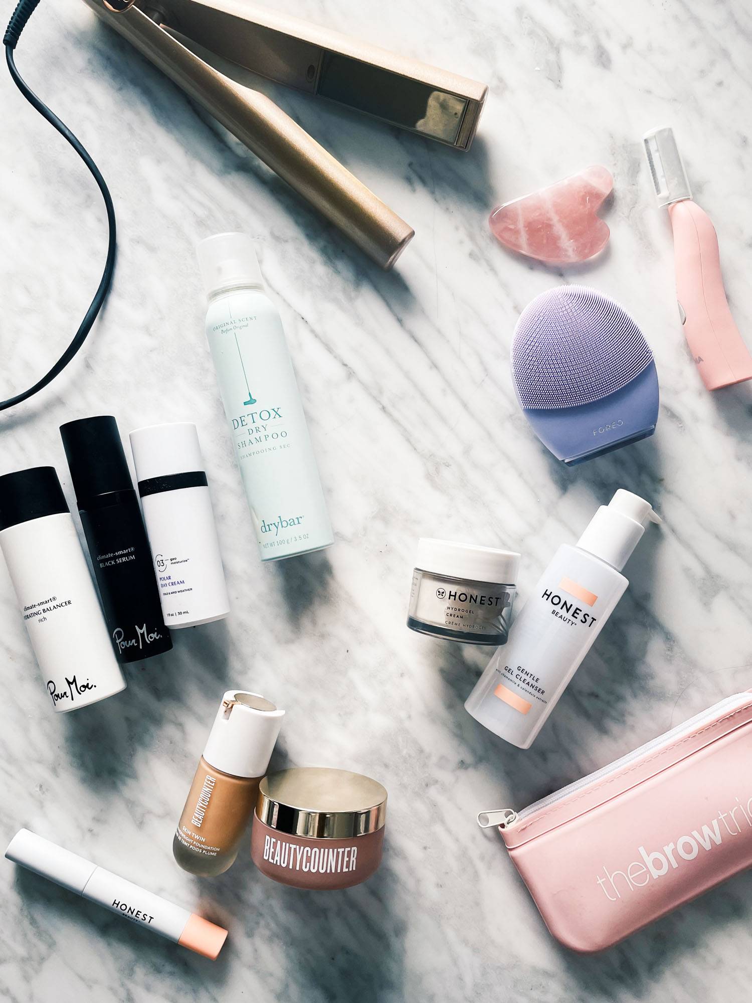 Variety of makeup and skincare products